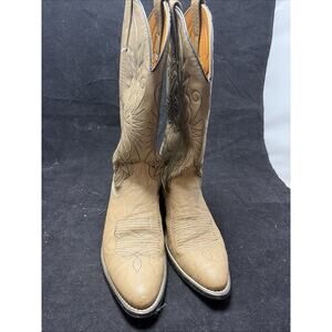 Vintage Boots Mens 9 D Western Cowboy Tan Faux Leather Pull On Mid-Calf Block